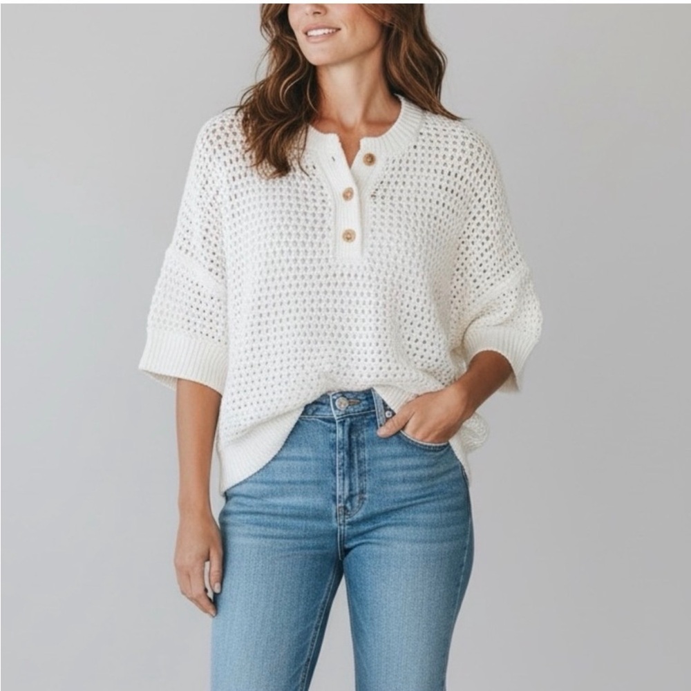 Haven Well Within Knot Stitch Henley Crocheted White Sweater